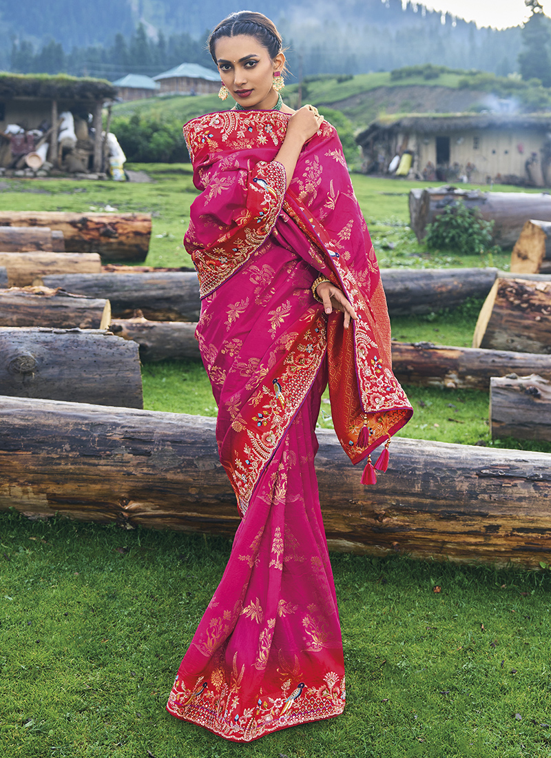 Rani pink wedding silk on sale saree